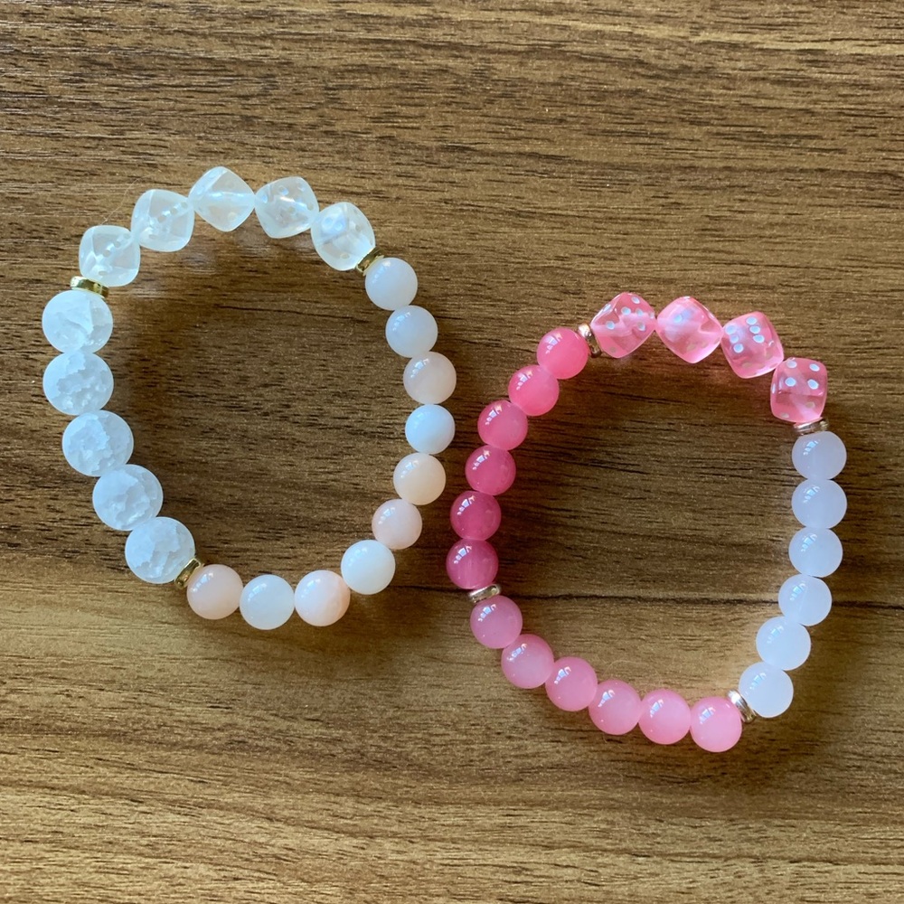 {Handmade} Pink and White Beaded Bracelet Set